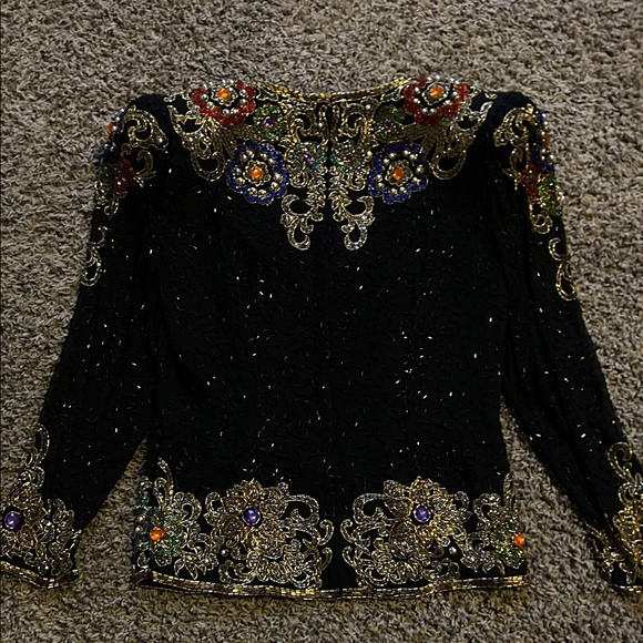 1980s Oleg Cassini Black Tie Multicolor Embellished Top - Picture 5 of 7